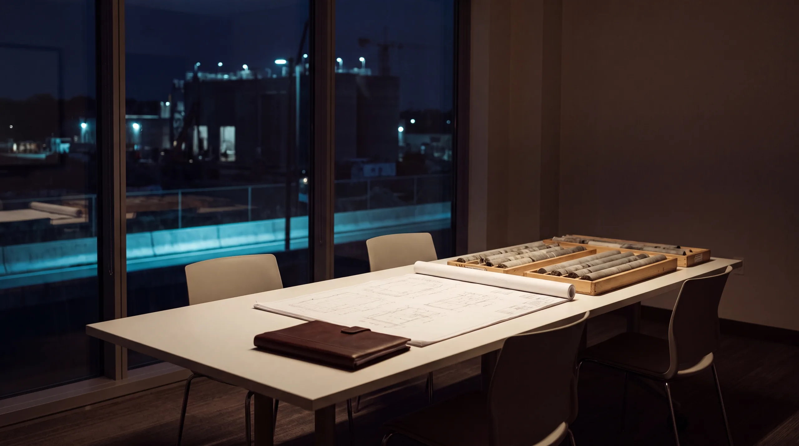 Engineering review room at night, drawings and documents arranged on a long table