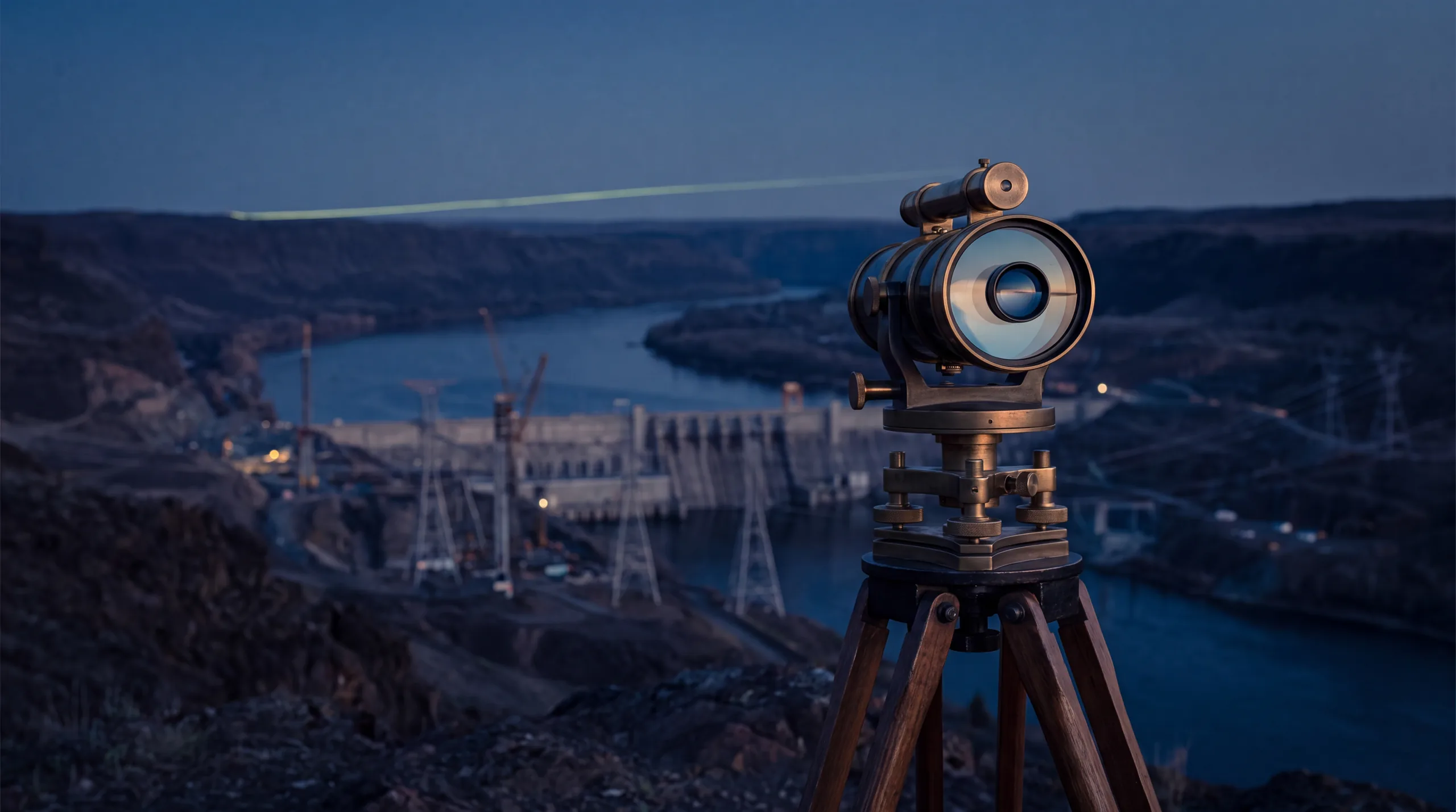 Surveyor's instrument overlooking a river valley at dusk