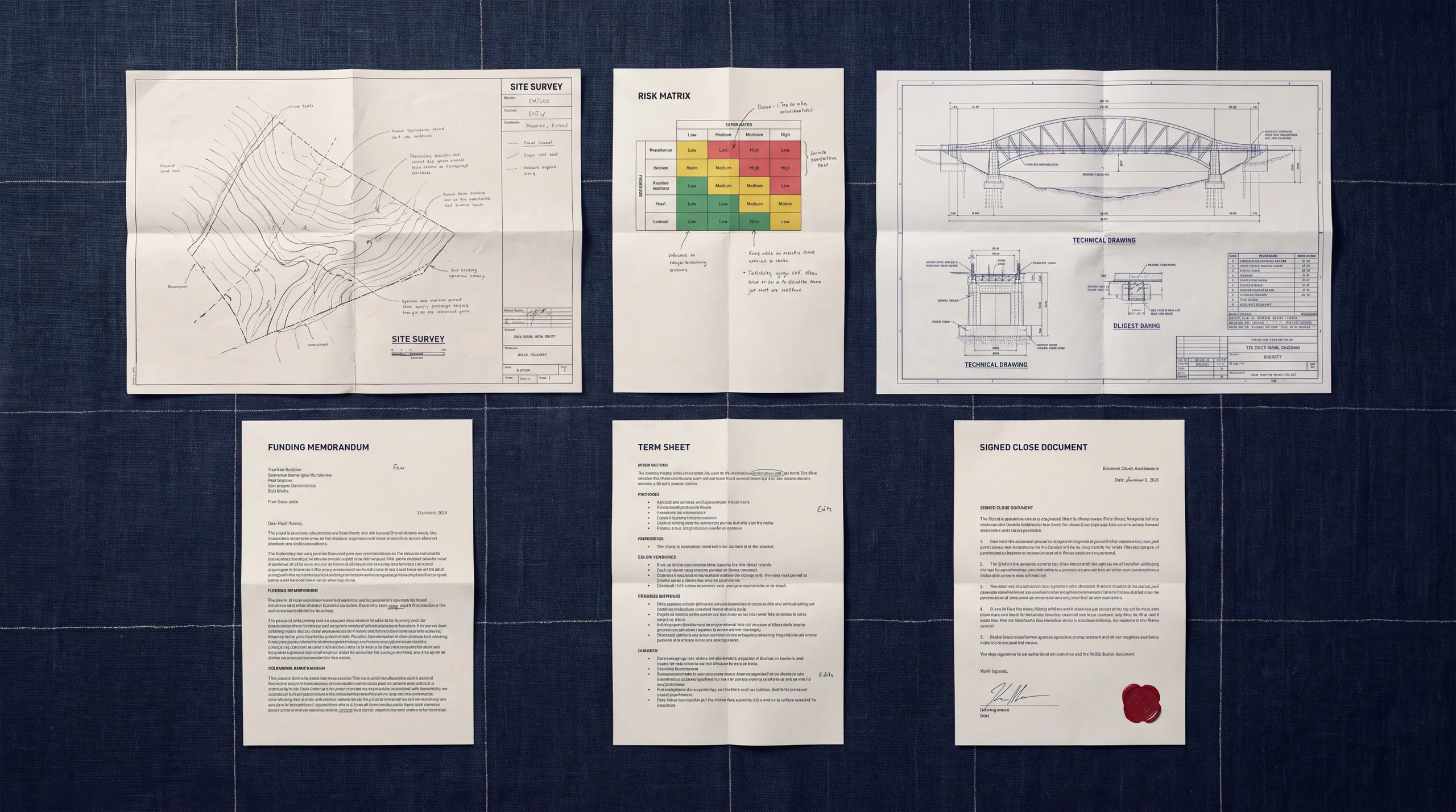 Six sheets of engineering and financial documentation laid out in sequence