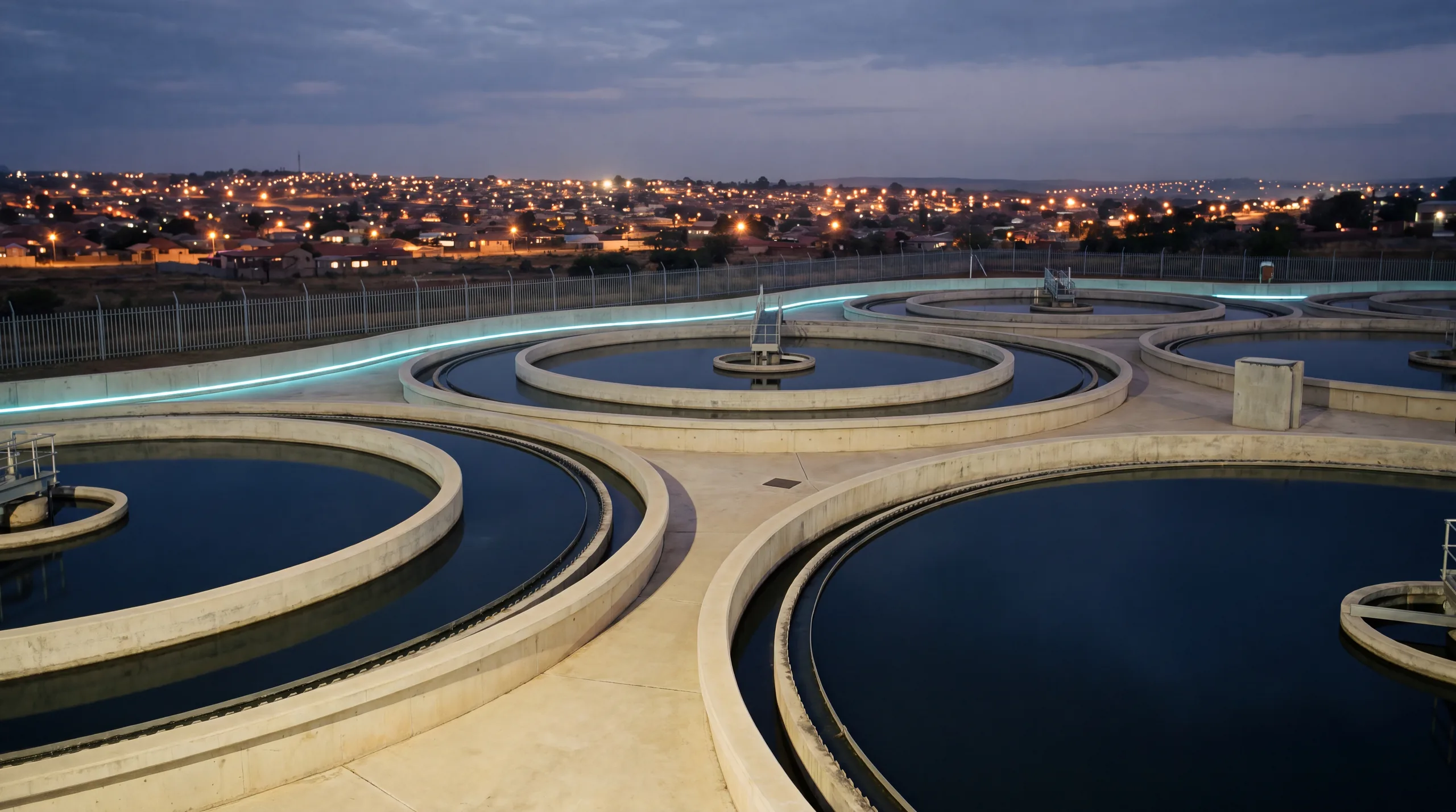 Circular clarifier basins of a water-treatment facility at dusk