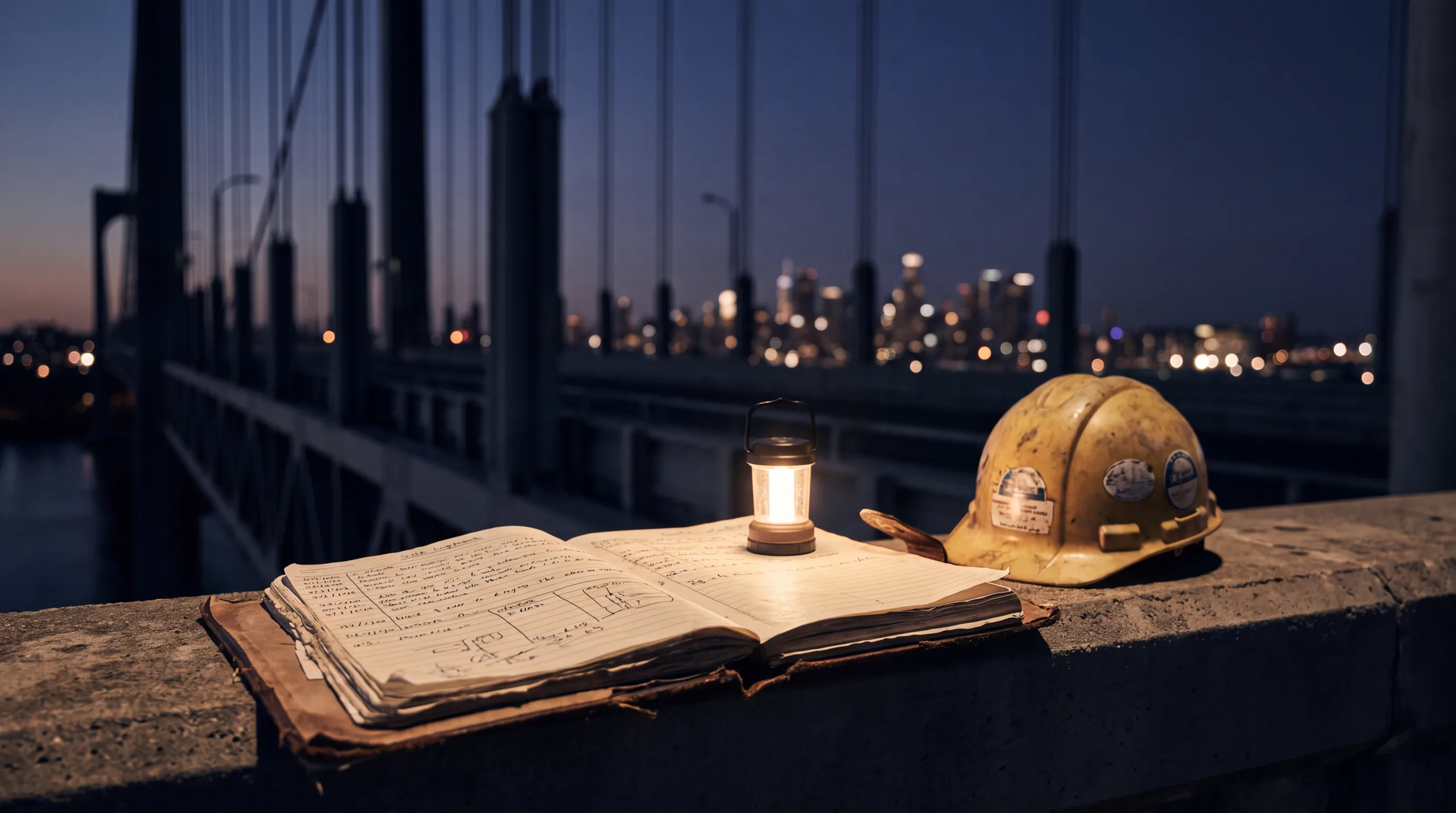 Weathered site logbook and hard hat on a bridge parapet at dusk
