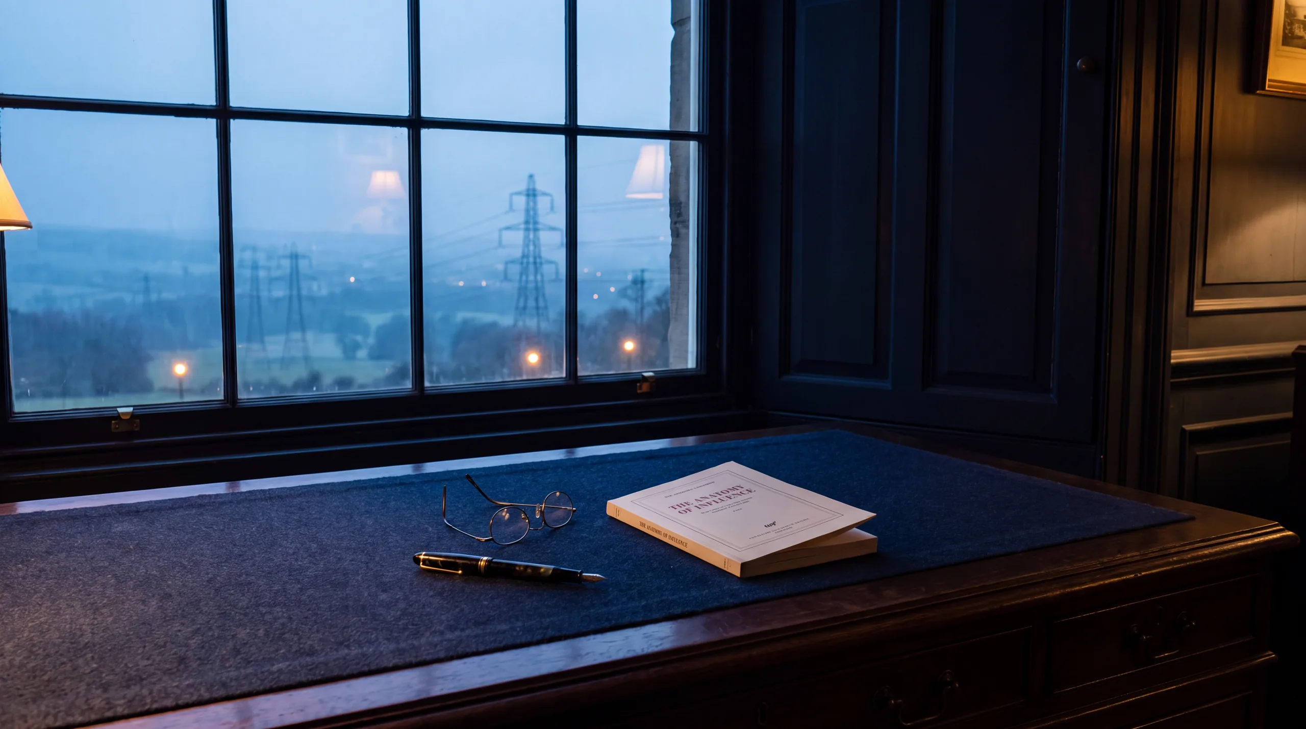 Writing desk at blue hour with a transmission-line corridor beyond the window