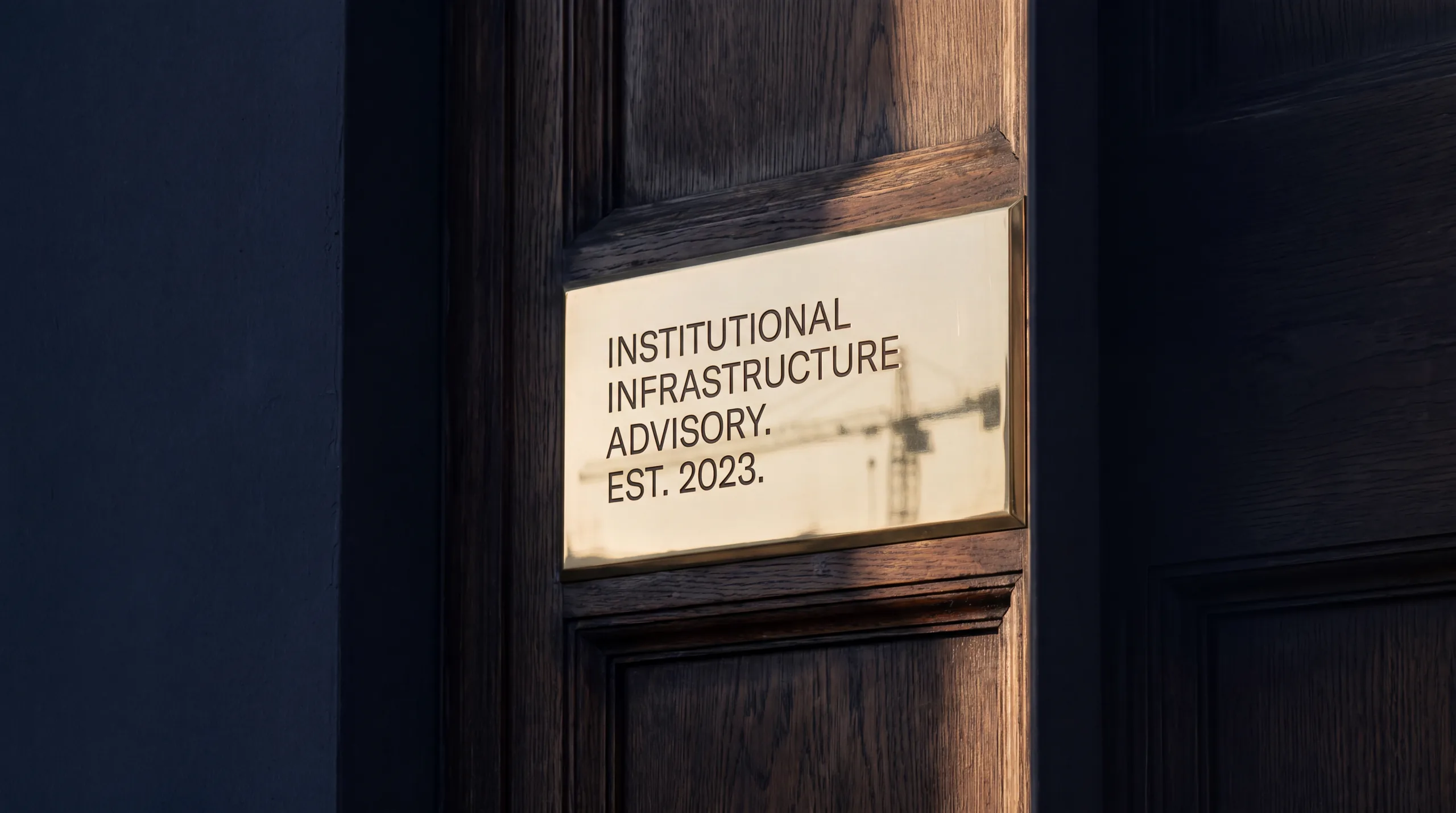 Engraved brass plaque beside a dark timber door catching morning light